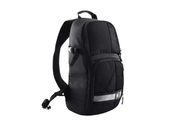 A black backpack with a reflective strip, angled to the right.
