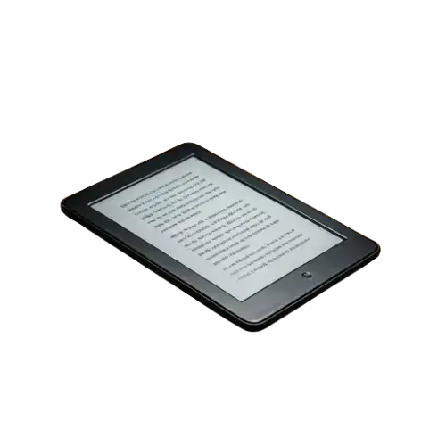An e-reader displaying text on its illuminated screen. The device has a black bezel around the screen.