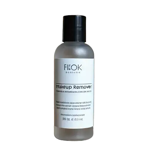 A small, clear bottle with a black cap and a white label that reads "FIOK DOSSENS Makeup Remover.