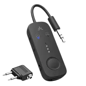 A black airplane Bluetooth adapter with an attached 3.5mm jack, alongside a smaller dual-prong adapter.