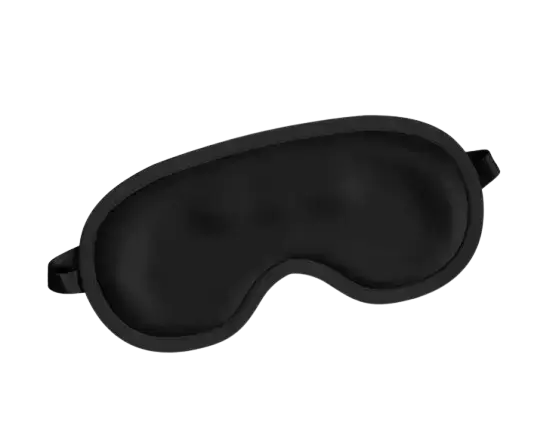 A black travel sleep mask with adjustable strap, ideal for blocking light on flights and long journeys.