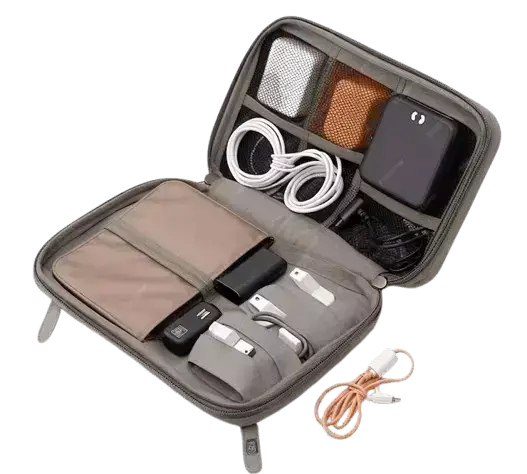 Electronics cable organizer case with neatly arranged cords and chargers.