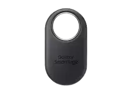A black electronic luggage tag, with a large, circular opening at the top for attachment.