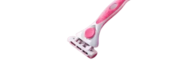 A close-up of a pink and white multi-blade feminine razor.