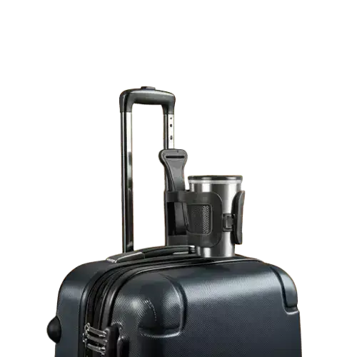 A black luggage cup holder is attached to the extended handle suitcase.