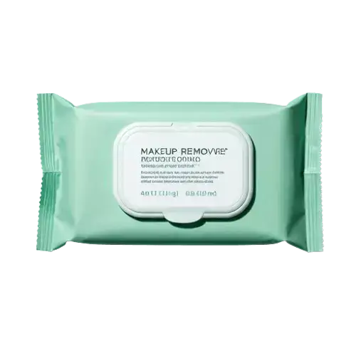 A pocket-sized, vibrant green packet of makeup remover wipes, with white wipes.
