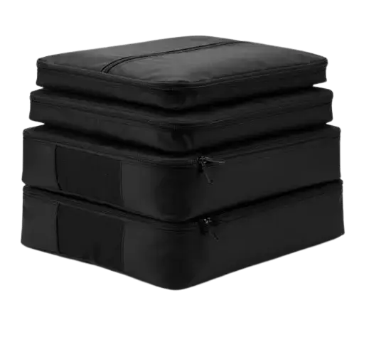 Set of black compression packing cubes with a transparent mesh window, ideal for organizing clothes.