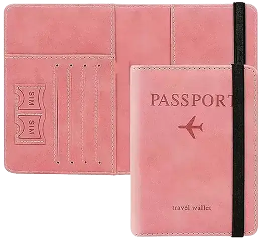 A pink passport holder and travel wallet, with "PASSPORT" and an airplane icon on the closed cover, and card/SIM slots inside.