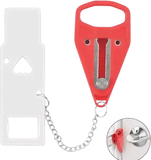 A portable door lock set consisting of a white metal plate and a red lock mechanism connected by a silver chain.