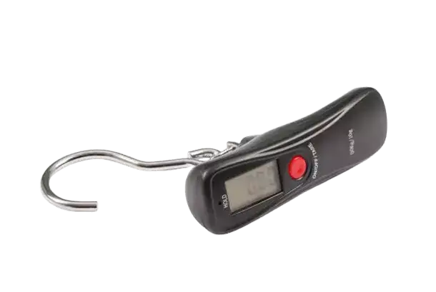 A black, portable digital luggage scale with a silver hook.The scale has a small LCD screen and a red button on its body.