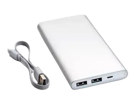 A sleek, rectangular silver power bank is displayed next to a USB charging cable.