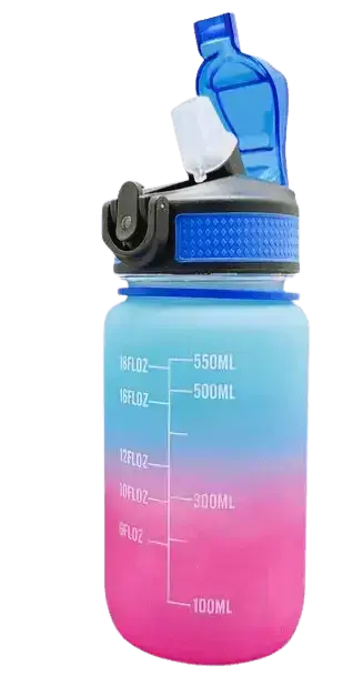 Plastic reusable water bottle with visible measurement lines, perfect for tracking daily water intake.