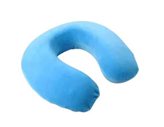 Blue memory foam travel neck pillow ready for use on a flight.