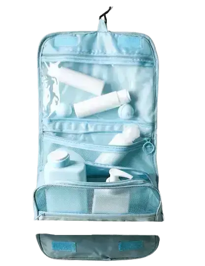 Portable hanging toiletry bag with zippered mesh pockets and clear compartments.