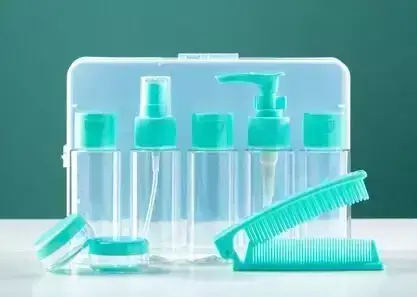 Set of silicone travel toiletry bottles leak proof and refillable.