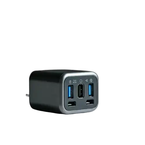 Compact black universal travel adapter with multiple international plug types for worldwide electronics charging.
