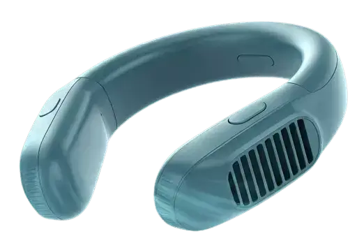 A teal portable neck fan is U-shaped and designed to be worn around the neck.